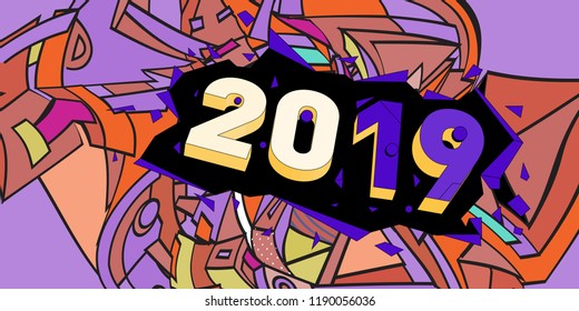 2019 New Year text with Colorful Abstract Geometric Background Pattern. New Year Design Template for Card, Poster, and Party Celebration.
