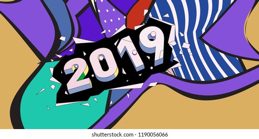 2019 New Year text with Colorful Abstract Geometric Background Pattern. New Year Design Template for Card, Poster, and Party Celebration.