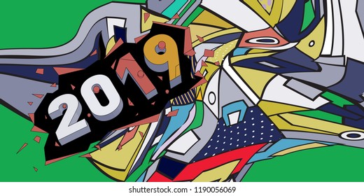 2019 New Year text with Colorful Abstract Geometric Background Pattern. New Year Design Template for Card, Poster, and Party Celebration.