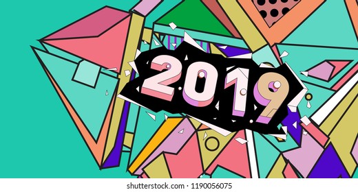 2019 New Year text with Colorful Abstract Geometric Background Pattern. New Year Design Template for Card, Poster, and Party Celebration.