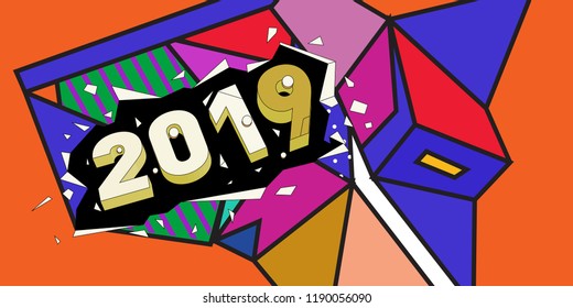 2019 New Year text with Colorful Abstract Geometric Background Pattern. New Year Design Template for Card, Poster, and Party Celebration.