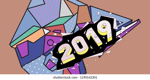 2019 New Year text with Colorful Abstract Geometric Background Pattern. New Year Design Template for Card, Poster, and Party Celebration.