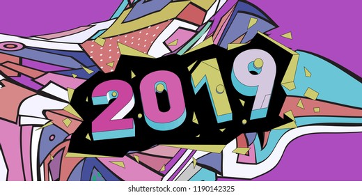 2019 New Year text with Colorful Abstract Geometric Background Pattern. New Year Design Template for Card, Poster, and Party Celebration.