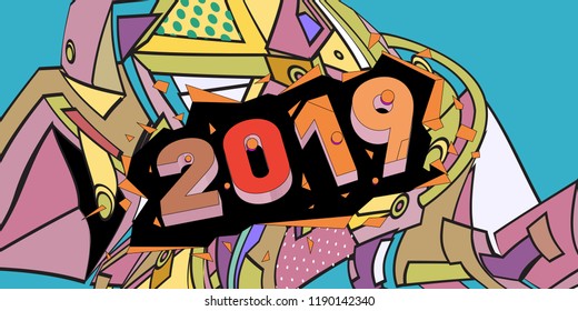 2019 New Year text with Colorful Abstract Geometric Background Pattern. New Year Design Template for Card, Poster, and Party Celebration.