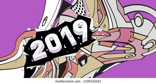 2019 New Year text with Colorful Abstract Geometric Background Pattern. New Year Design Template for Card, Poster, and Party Celebration.