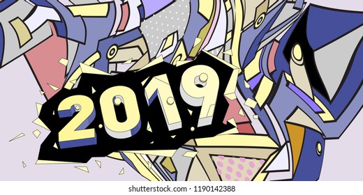 2019 New Year text with Colorful Abstract Geometric Background Pattern. New Year Design Template for Card, Poster, and Party Celebration.