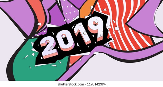 2019 New Year text with Colorful Abstract Geometric Background Pattern. New Year Design Template for Card, Poster, and Party Celebration.