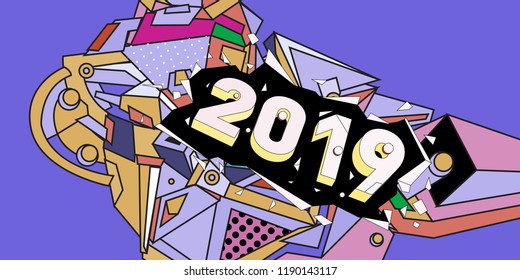 2019 New Year text with Colorful Abstract Geometric Background Pattern. New Year Design Template for Card, Poster, and Party Celebration.