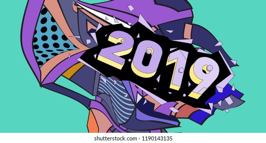 2019 New Year text with Colorful Abstract Geometric Background Pattern. New Year Design Template for Card, Poster, and Party Celebration.
