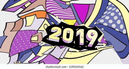 2019 New Year text with Colorful Abstract Geometric Background Pattern. New Year Design Template for Card, Poster, and Party Celebration.