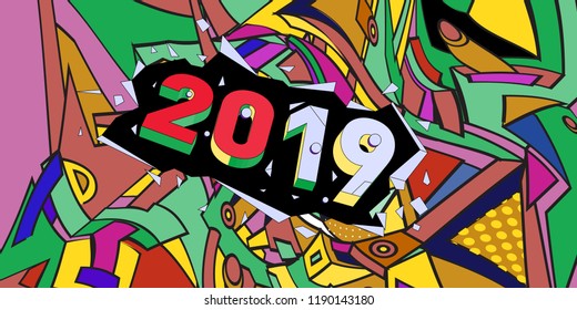 2019 New Year text with Colorful Abstract Geometric Background Pattern. New Year Design Template for Card, Poster, and Party Celebration.