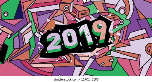 2019 New Year text with Colorful Abstract Geometric Background Pattern. New Year Design Template for Card, Poster, and Party Celebration.