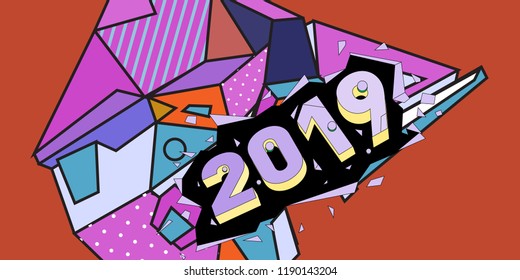 2019 New Year text with Colorful Abstract Geometric Background Pattern. New Year Design Template for Card, Poster, and Party Celebration.