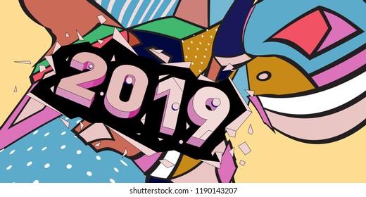 2019 New Year text with Colorful Abstract Geometric Background Pattern. New Year Design Template for Card, Poster, and Party Celebration.