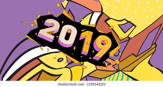 2019 New Year text with Colorful Abstract Geometric Background Pattern. New Year Design Template for Card, Poster, and Party Celebration.