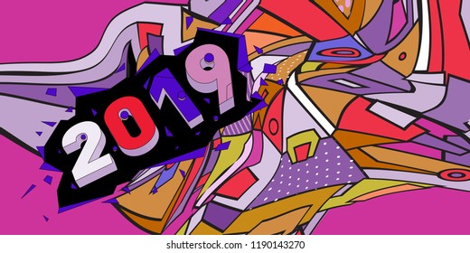 2019 New Year text with Colorful Abstract Geometric Background Pattern. New Year Design Template for Card, Poster, and Party Celebration.