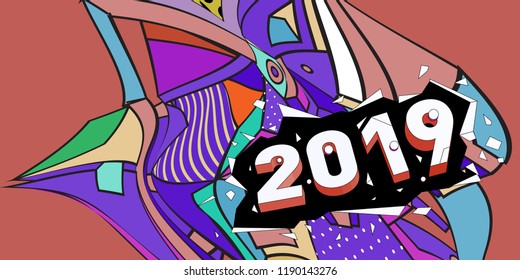 2019 New Year text with Colorful Abstract Geometric Background Pattern. New Year Design Template for Card, Poster, and Party Celebration.