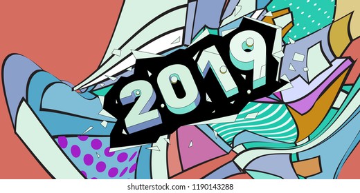 2019 New Year text with Colorful Abstract Geometric Background Pattern. New Year Design Template for Card, Poster, and Party Celebration.