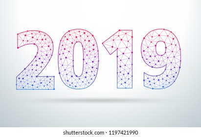 2019 new year text design with mesh stylish alphabet letters numbers, graphic background communication connected lines with dots, Vector illustration