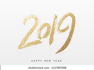 2019 Новый год. Текст золотистый с яркими сверкающими.