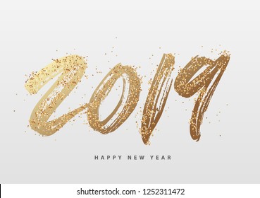 2019 New Year. Text golden with bright sparkles.