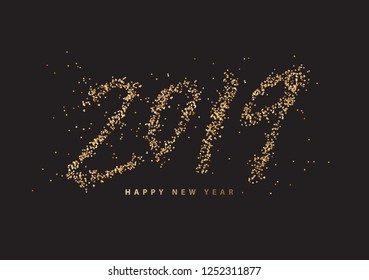 2019 New Year. Text golden with bright sparkles.