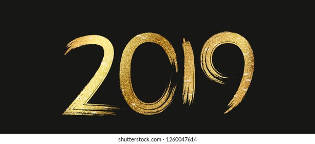 2019 New Year. Text golden with bright sparkles. 2019 Happy New Year gold text for greeting card, Vector illustration.