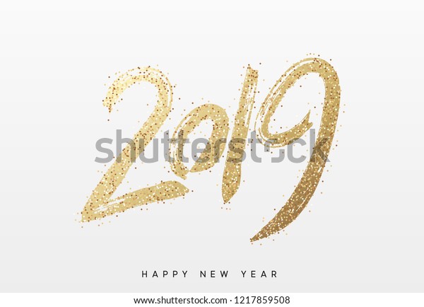 2019 New Year. Text golden with bright sparkles.