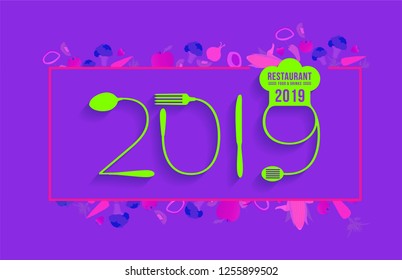 2019 new year text made number with spoon and fork creative food design, with vegetables background, Vector illustration modern layout template