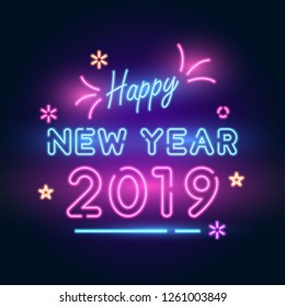 2019 New Year. Text neon with bright,fireworks, lighting star.