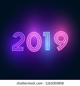 2019 New Year. Text neon with bright lighting.
