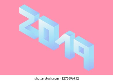 2019 New Year. Text pink isometric flat concept calendar
