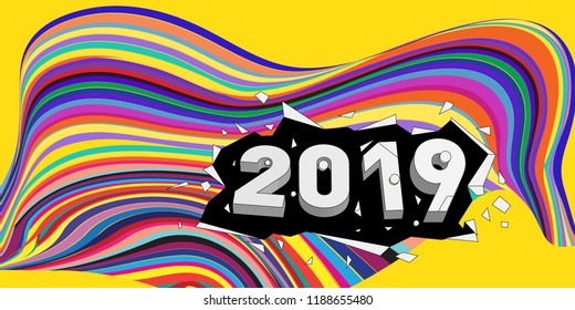 2019 New Year text with Wavy Colorful Line Background. New Year Design Template for Card, Poster, and Party Celebration.