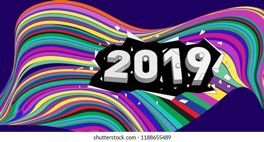 2019 New Year text with Wavy Colorful Line Background. New Year Design Template for Card, Poster, and Party Celebration.