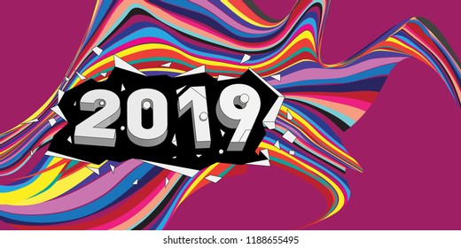 2019 New Year text with Wavy Colorful Line Background. New Year Design Template for Card, Poster, and Party Celebration.