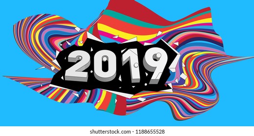 2019 New Year text with Wavy Colorful Line Background. New Year Design Template for Card, Poster, and Party Celebration.