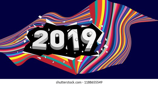 2019 New Year text with Wavy Colorful Line Background. New Year Design Template for Card, Poster, and Party Celebration.