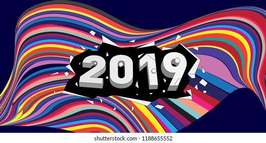2019 New Year text with Wavy Colorful Line Background. New Year Design Template for Card, Poster, and Party Celebration.