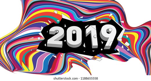 2019 New Year text with Wavy Colorful Line Background. New Year Design Template for Card, Poster, and Party Celebration.