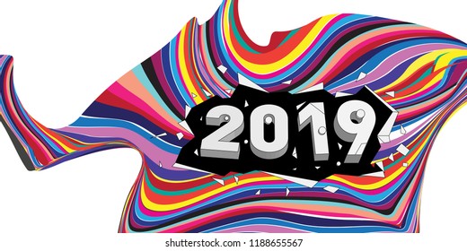 2019 New Year text with Wavy Colorful Line Background. New Year Design Template for Card, Poster, and Party Celebration.