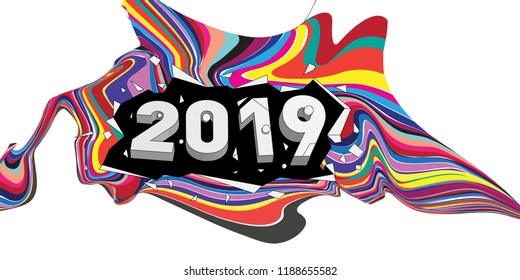 2019 New Year text with Wavy Colorful Line Background. New Year Design Template for Card, Poster, and Party Celebration.