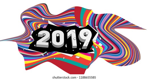 2019 New Year text with Wavy Colorful Line Background. New Year Design Template for Card, Poster, and Party Celebration.