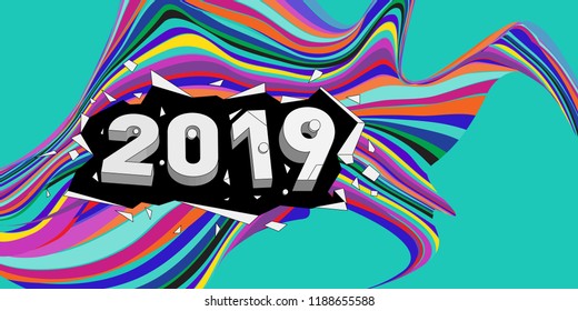 2019 New Year text with Wavy Colorful Line Background. New Year Design Template for Card, Poster, and Party Celebration.