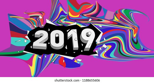 2019 New Year text with Wavy Colorful Line Background. New Year Design Template for Card, Poster, and Party Celebration.