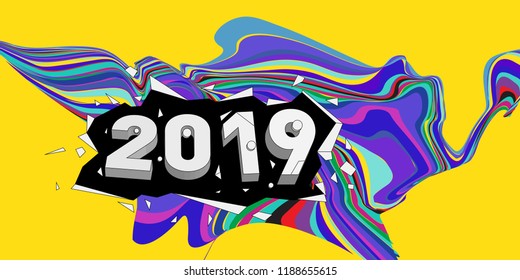 2019 New Year text with Wavy Colorful Line Background. New Year Design Template for Card, Poster, and Party Celebration.