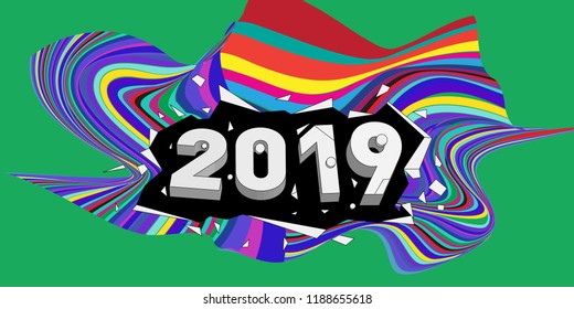 2019 New Year text with Wavy Colorful Line Background. New Year Design Template for Card, Poster, and Party Celebration.