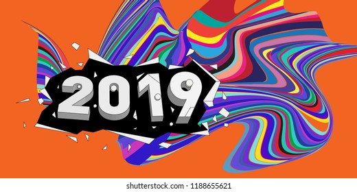 2019 New Year text with Wavy Colorful Line Background. New Year Design Template for Card, Poster, and Party Celebration.