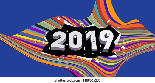 2019 New Year text with Wavy Colorful Line Background. New Year Design Template for Card, Poster, and Party Celebration.