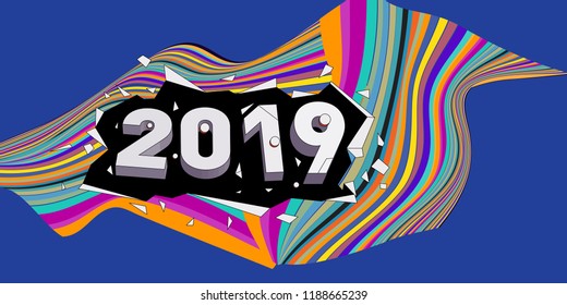 2019 New Year text with Wavy Colorful Line Background. New Year Design Template for Card, Poster, and Party Celebration.