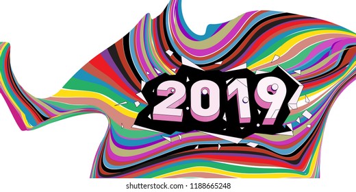 2019 New Year text with Wavy Colorful Line Background. New Year Design Template for Card, Poster, and Party Celebration.